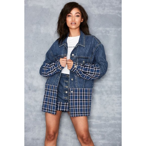 Mistress Rocks Enthuse Denim Jacket S Blue Plaid Oversized Button Up Pockets - Picture 2 of 7
